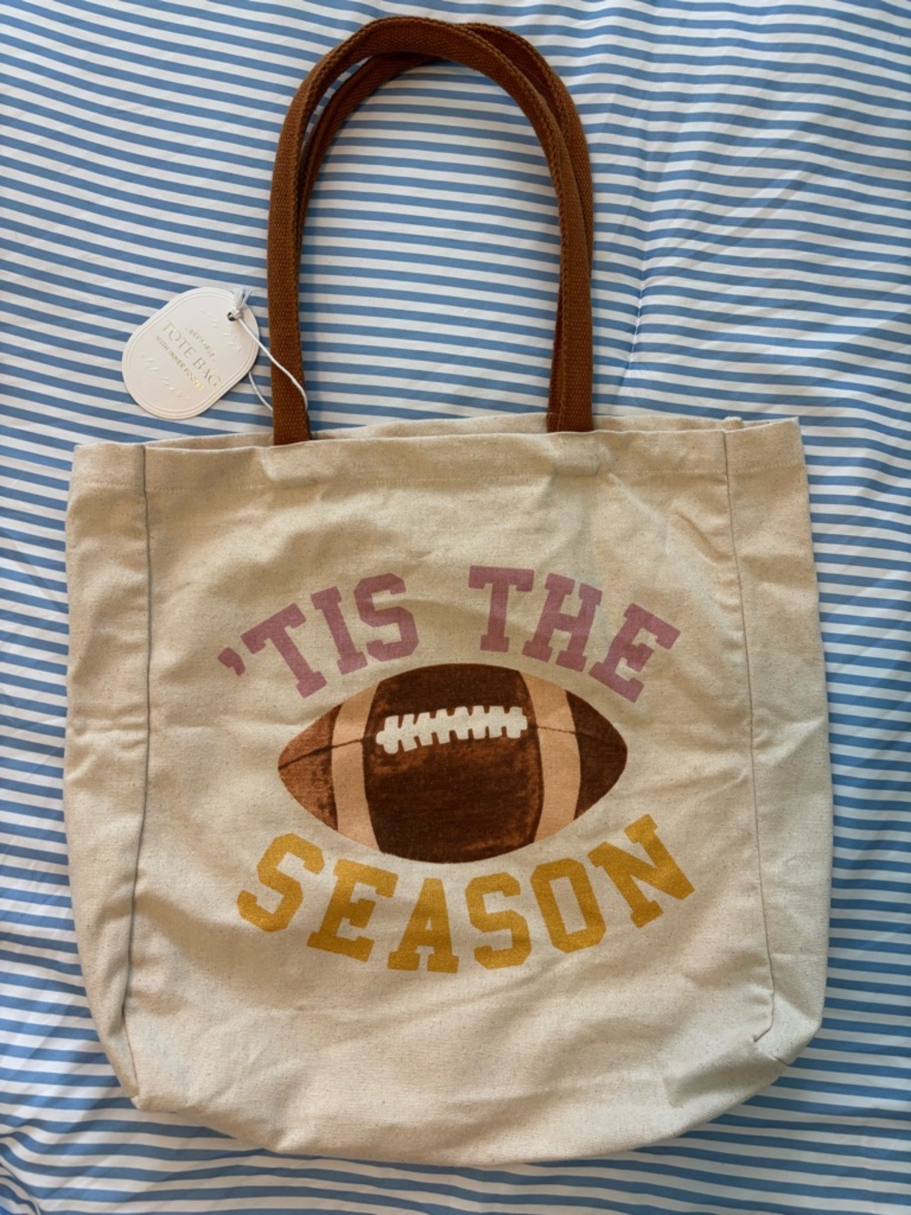 Tote Bag 'Tis The Season Football Canvas Tote - Brown Handles
